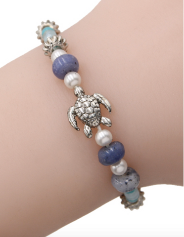 Sea Turtle Bead Stretch Bracelet in Blue
